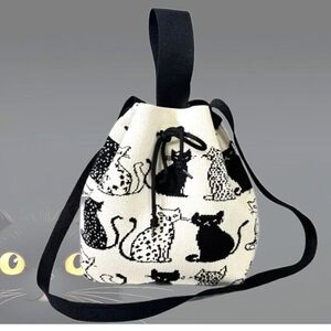 Black White Cat Bucket Bag Shoulder Crossbody Knit Drawstring